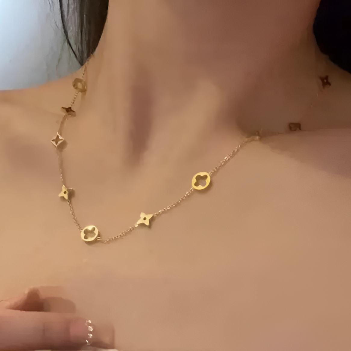 18K gold plated L7 necklace worn model Saudi Arabia Jewelique